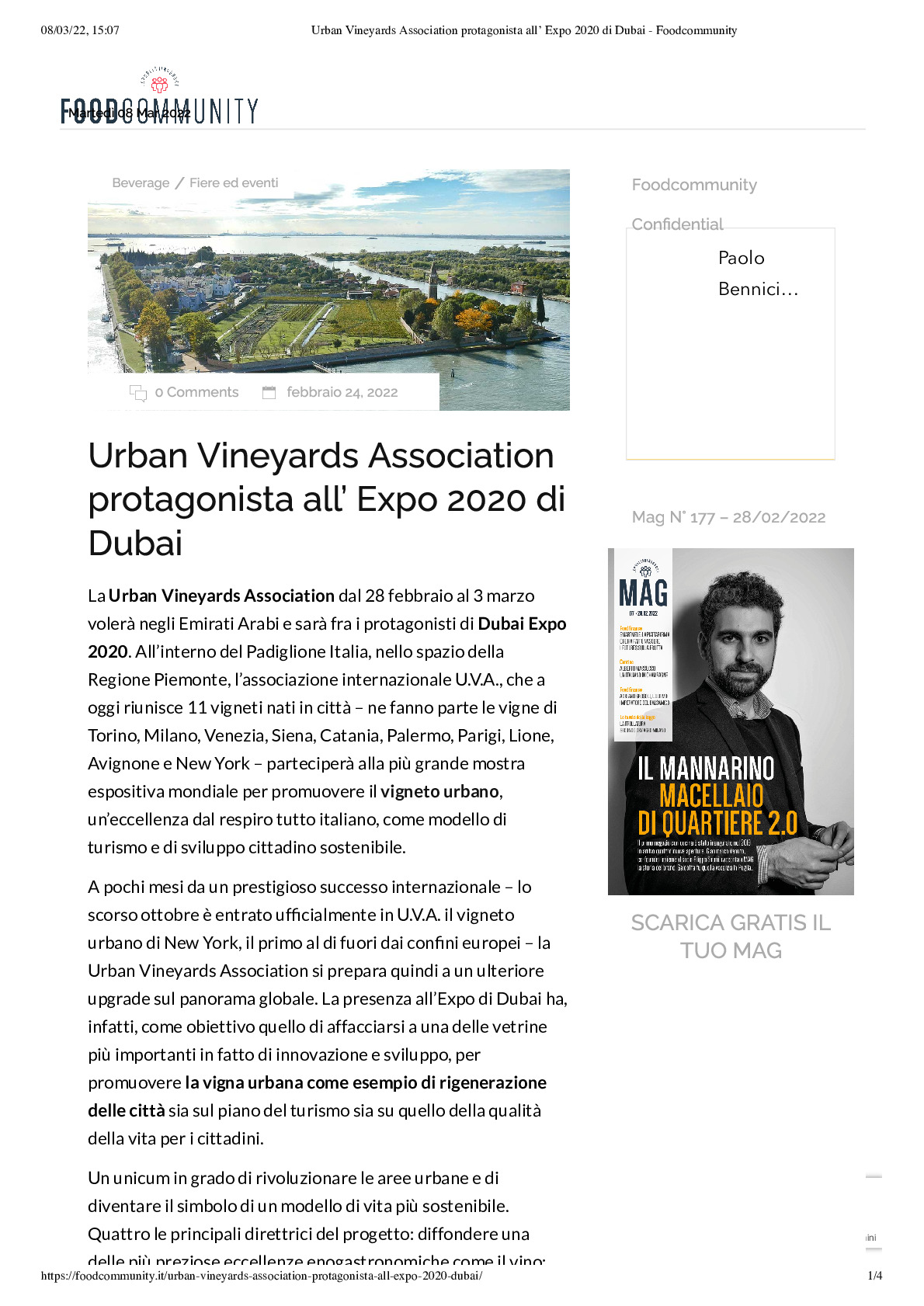 Urban Vineyards Association protagonista all’ Expo 2020 di Dubai